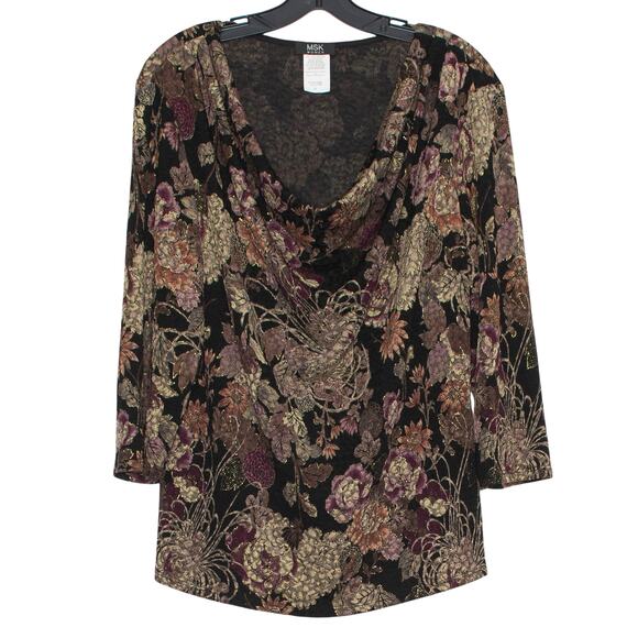 MSK Top 3/4 Sleeve Floral Cottage Romantic Earthy Cowl Neck Metallic Black 1X - Picture 7 of 8